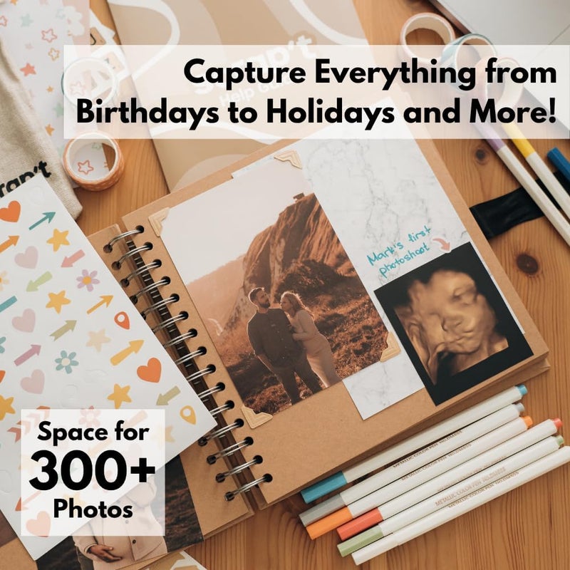 Scrap't طقم ألبوم قصاصات - ألبوم صور 80 صفحة قصاصات افعلها بنفسك - يحمل أكثر من 300 صورة، مع أقلام معدنية، أكثر من 150 ملصق، قلم غراء، شريط وشي، ورق خلفي، ملصقات زوايا الصور (طقم مبتدئين - 8 × 8 بوصة، كرافت) - Image 4